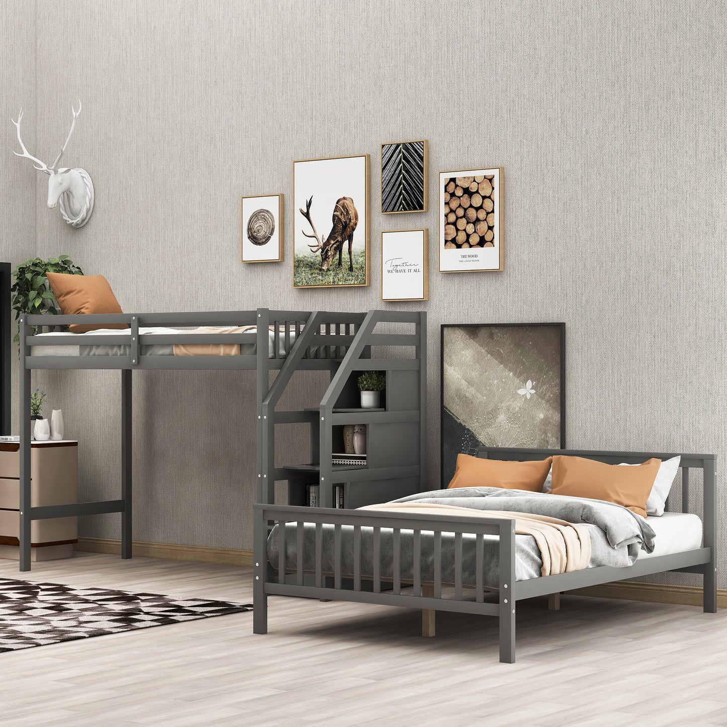 twin over full loft bed with staircase,gray