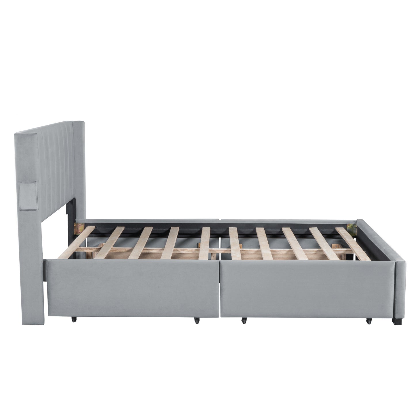 queen size upholstered bed with 4 drawers, gray