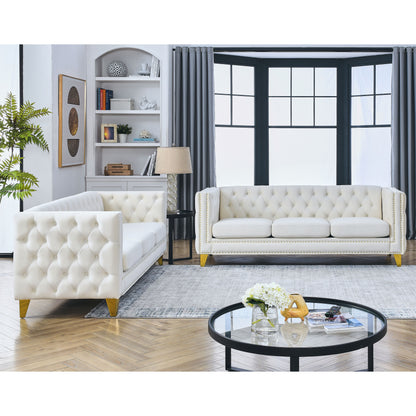Kate Velvet Upholstered Sofa, Beige Velvet