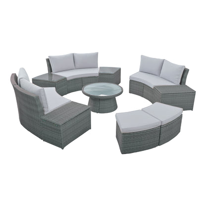 10-Piece Outdoor Sectional Half Round Patio Rattan Sofa Set, Light Gray