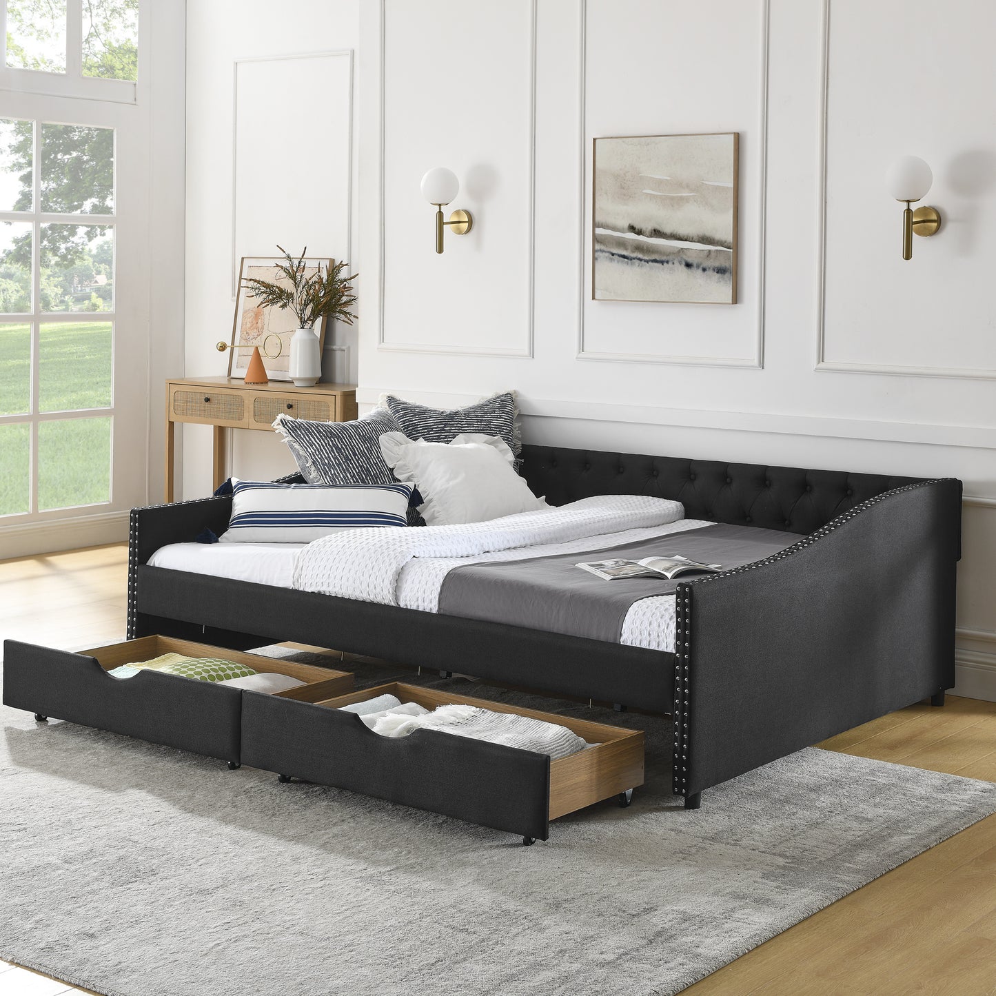 queen size daybed with drawers upholstered tufted sofa bed,,with button on back and copper nail on waved shape arms(84.5"x63.5"x26.5")