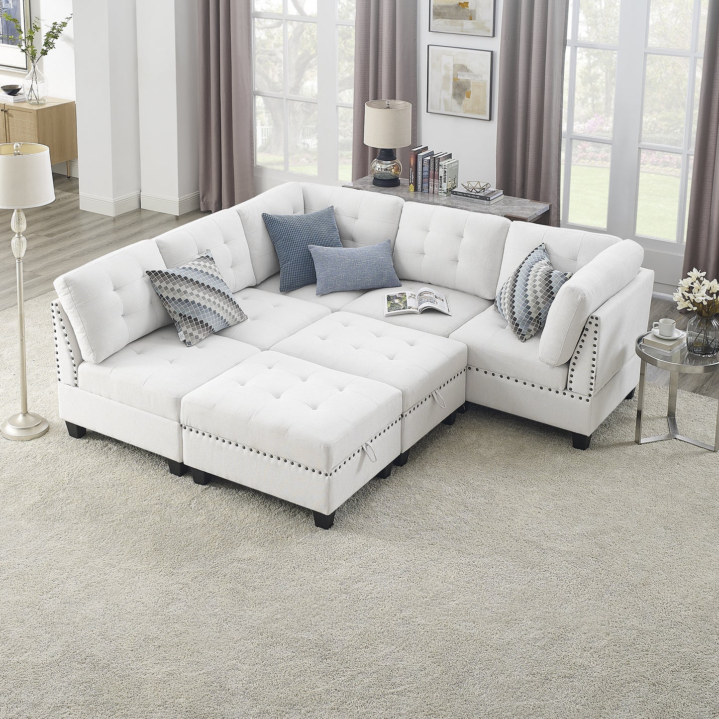l shape modular sectional sofa includes 2 ottomans, ivory chenille