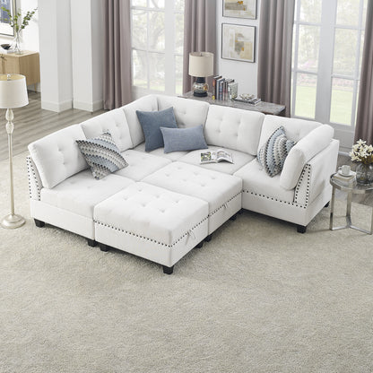 L shape Modular Sectional Sofa includes 2 Ottomans, Ivory Chenille