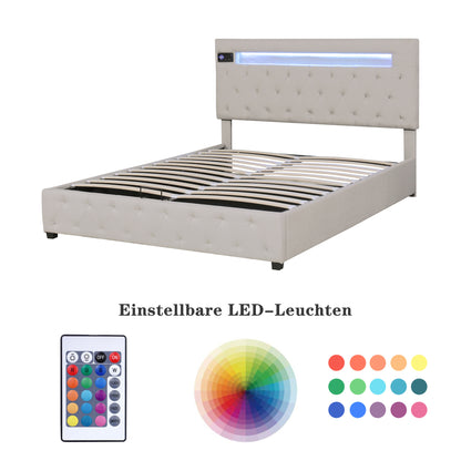 Upholstered Bed Featured with Bluetooth Audio, LED Light and USB Charging, Beige
