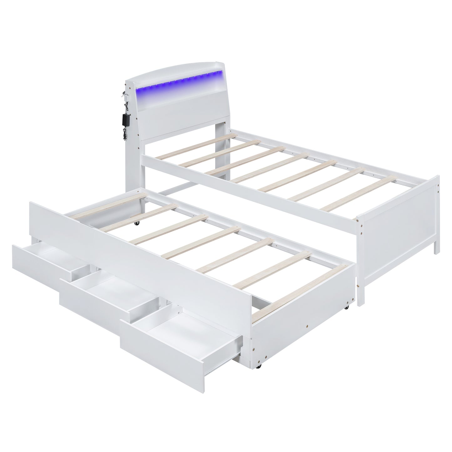 platform bed with storage led headboard, twin size trundle and 3 drawers, white