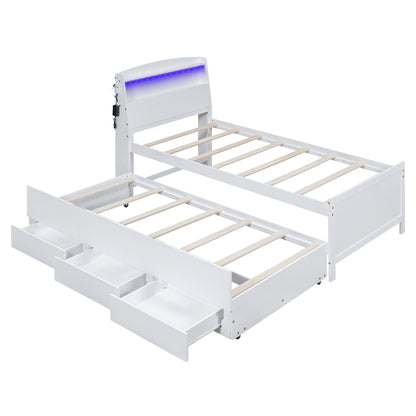 Platform Bed with Storage LED Headboard, Twin Size Trundle and 3 Drawers, White