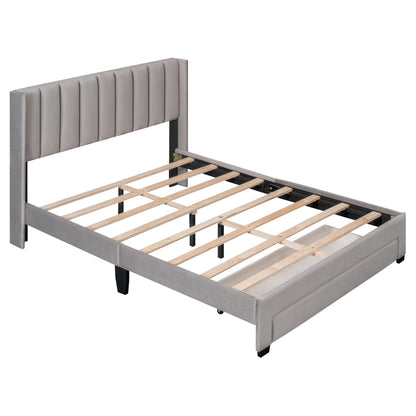 Velvet Upholstered Platform Bed with a Big Drawer