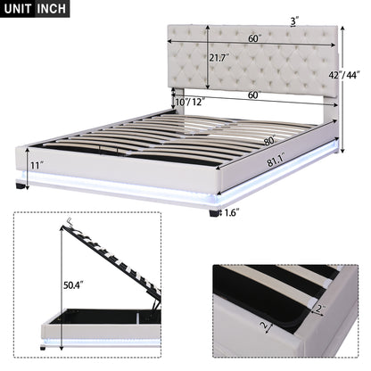 Upholstered Platform Bed with Adjustable Tufted Headboard and LED Light, Beige