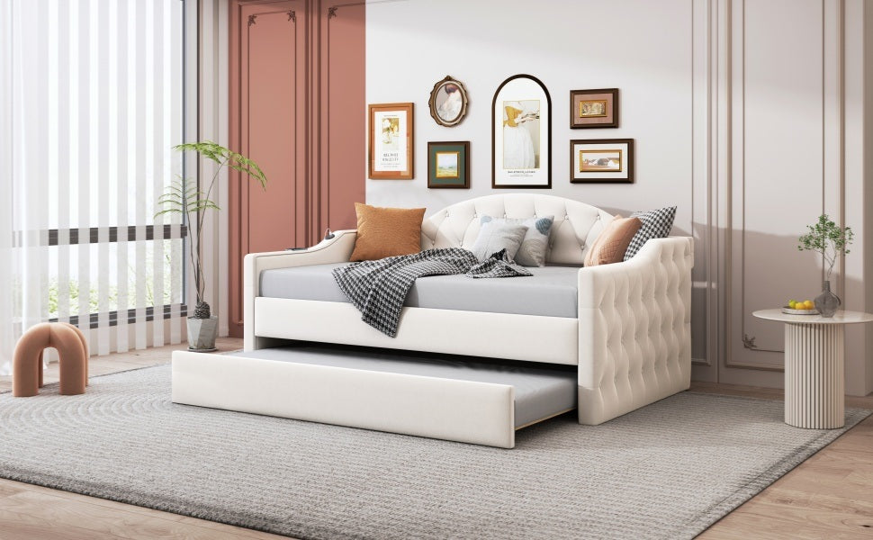 zara tufted upholstered bed with trundle, usb&type-c charging ports, beige