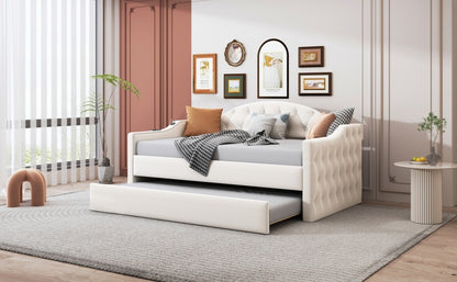 Zara Tufted Upholstered Bed with Trundle, USB&Type-C Charging Ports, Beige
