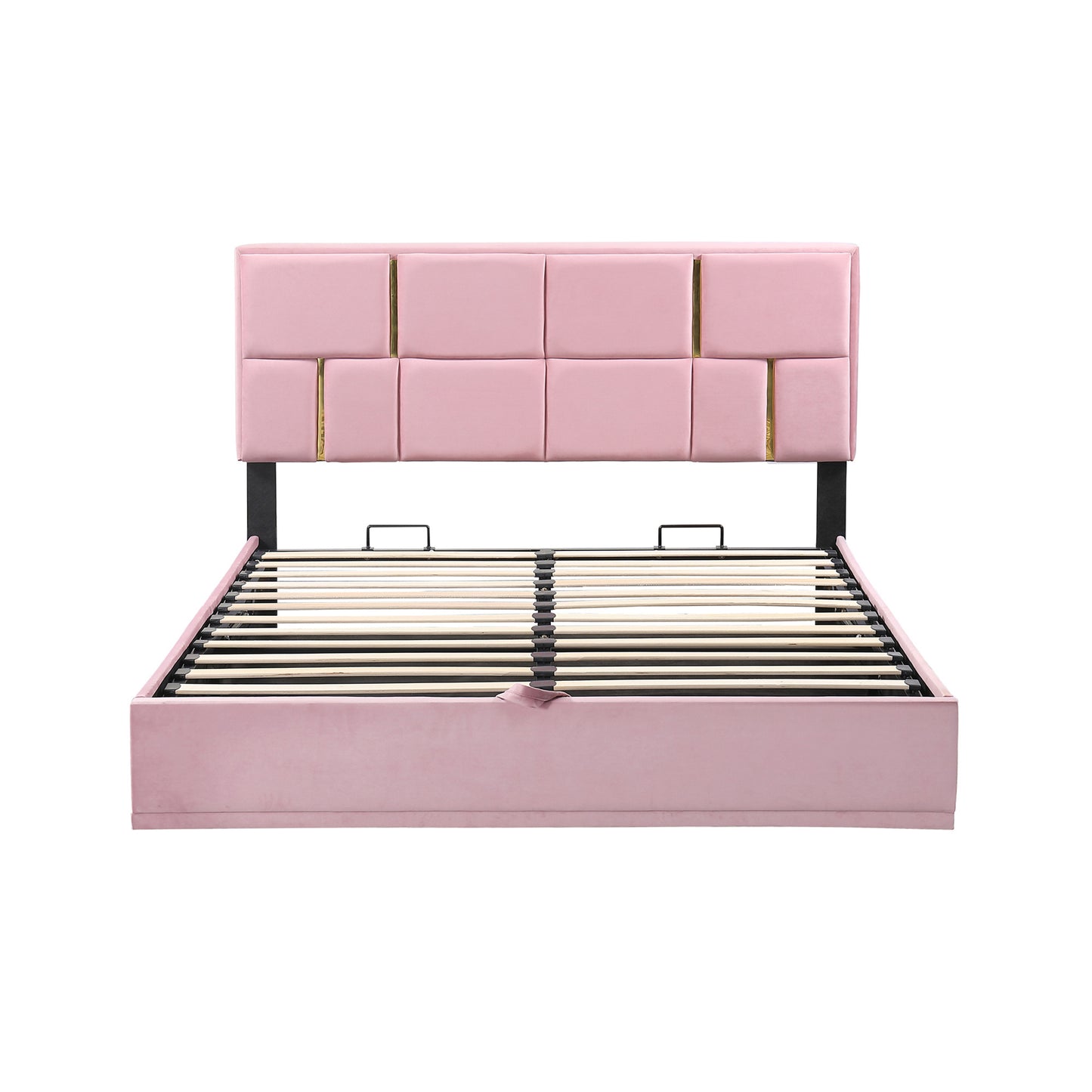 upholstered platform bed with hydraulic storage system, pink