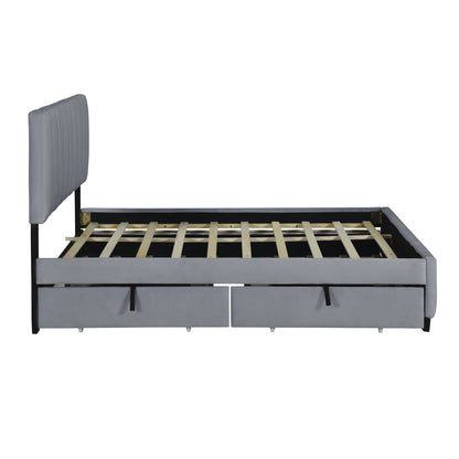 Elegant Velvet Upholstered Platform Bed with 2 Drawers and 1 Twin XL Trundle- Gray
