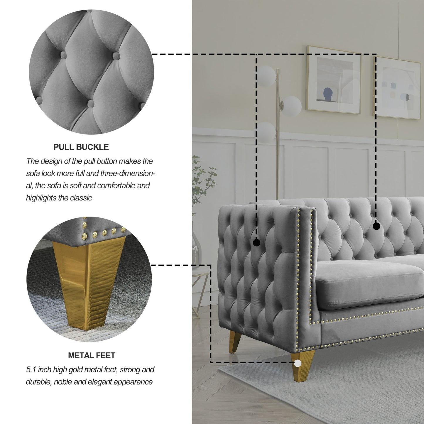 velvet sofa tufted square arm couch, grey velvet