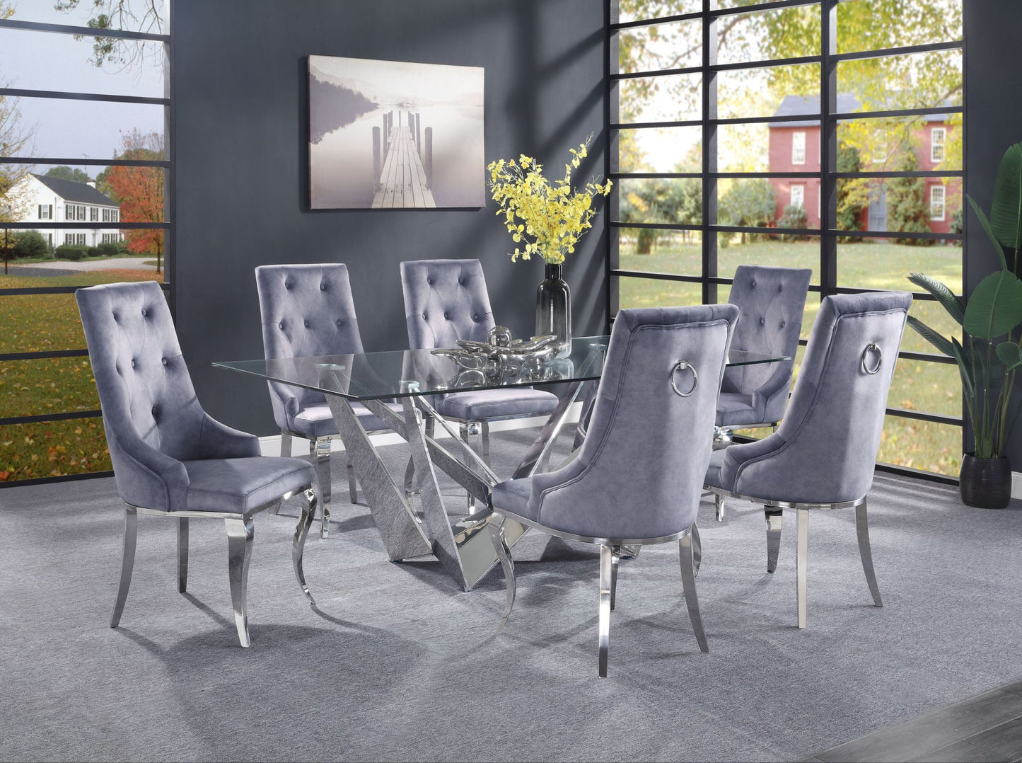 acme dekel dining table, clear glass & stainless steel