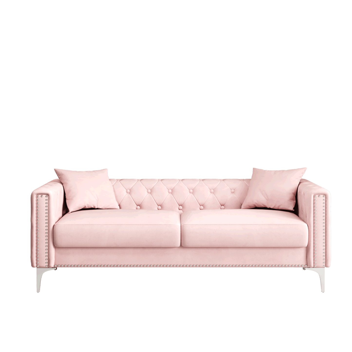 morgan sofa includes 2 pillows, pink velvet