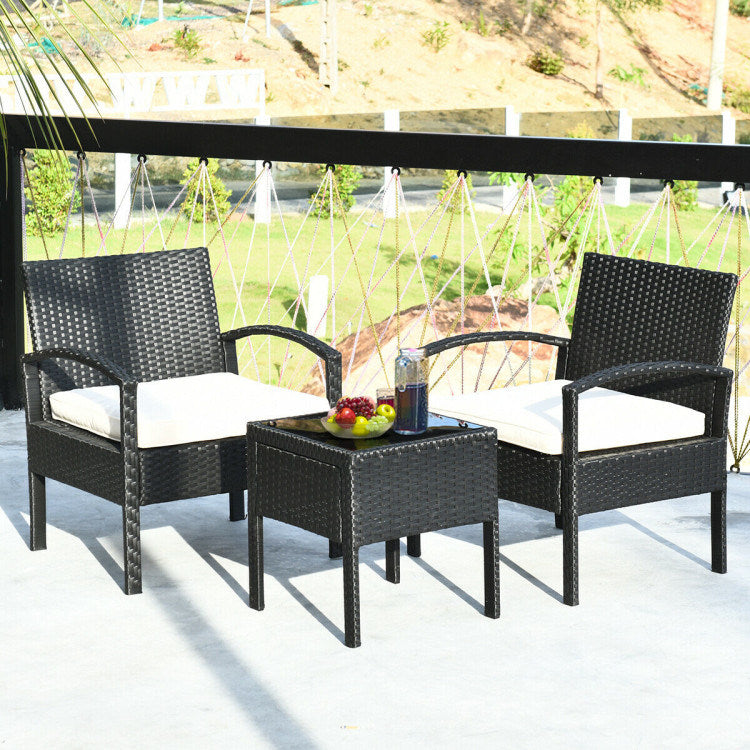 3 pieces outdoor rattan patio conversation set with seat cushions