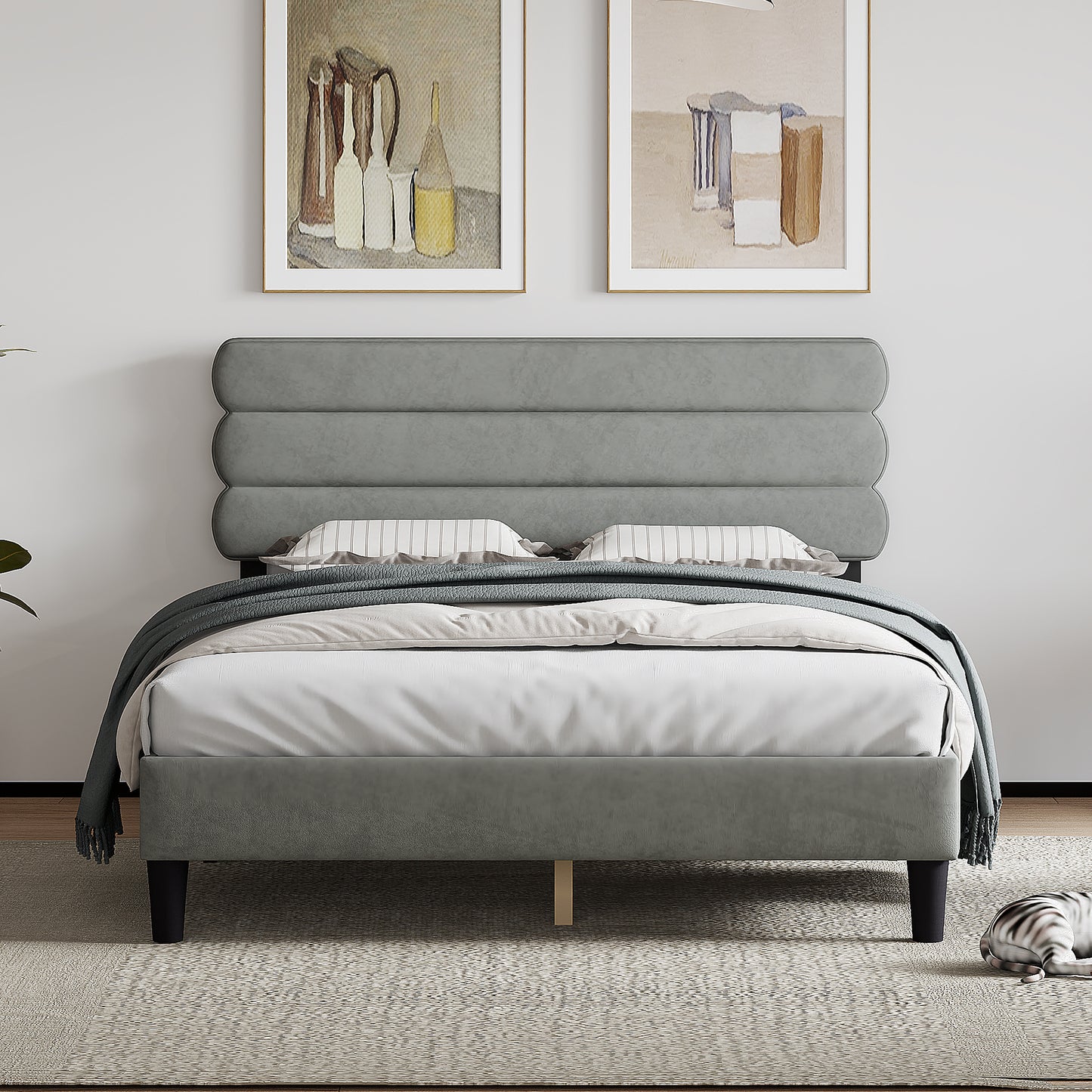rudy queen bed frame with headboard, grey