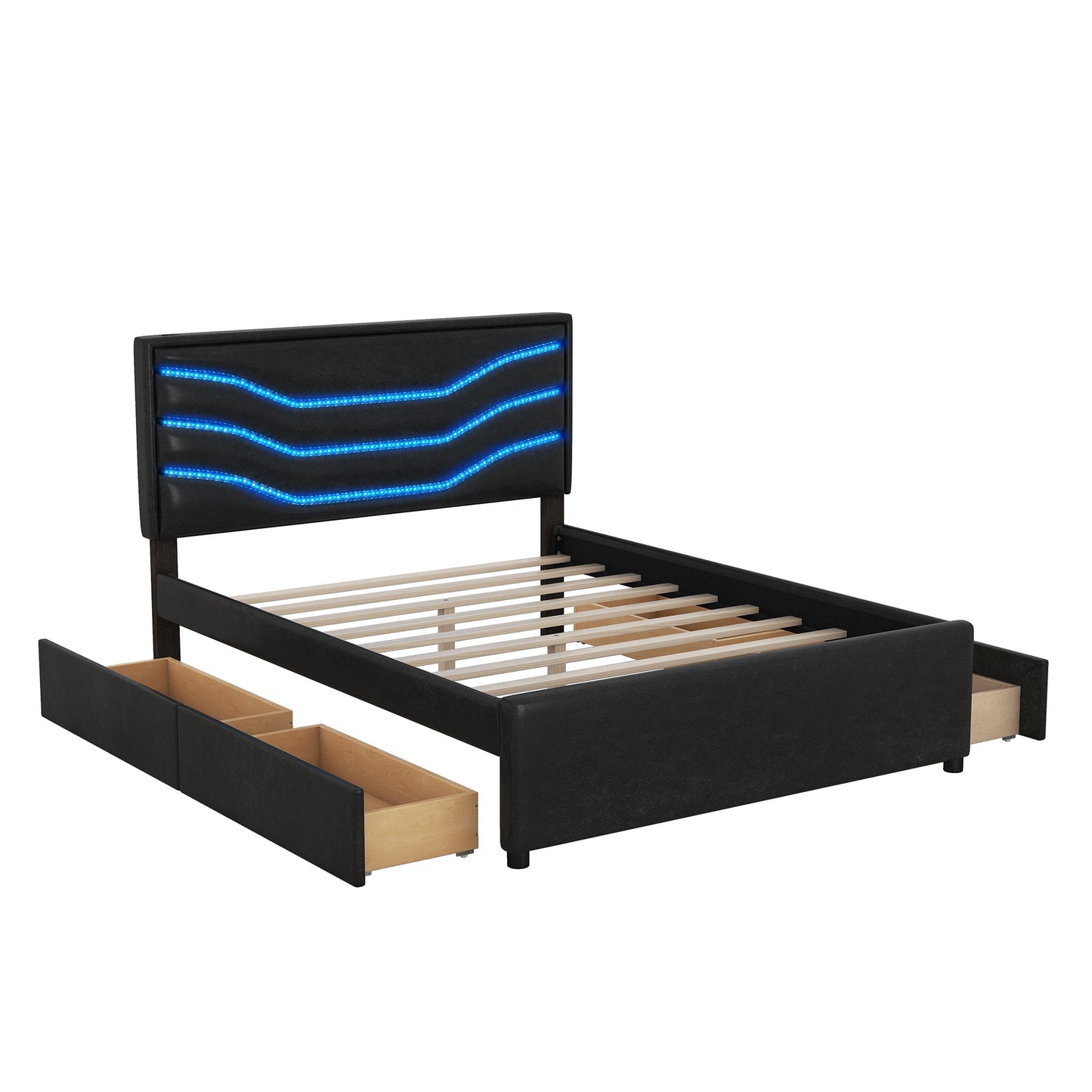 retro upholstered storage platform bed with led, 4 drawers and usb charging, black