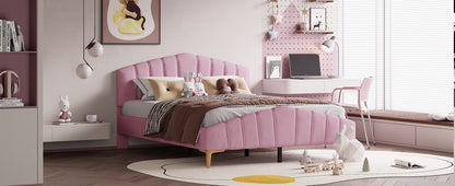 Stylish Velvet Platform Bed with Thick Fabric, Pink