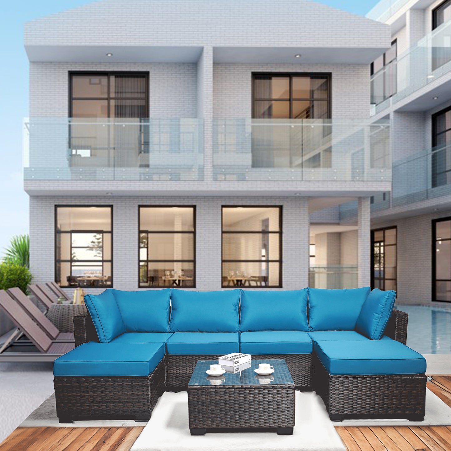 7 pieces outdoor patio sectional sofa couch set with washable cushions & glass coffee table