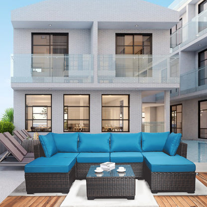 7 Pieces Outdoor Patio Sectional Sofa Couch Set with Washable Cushions & Glass Coffee Table