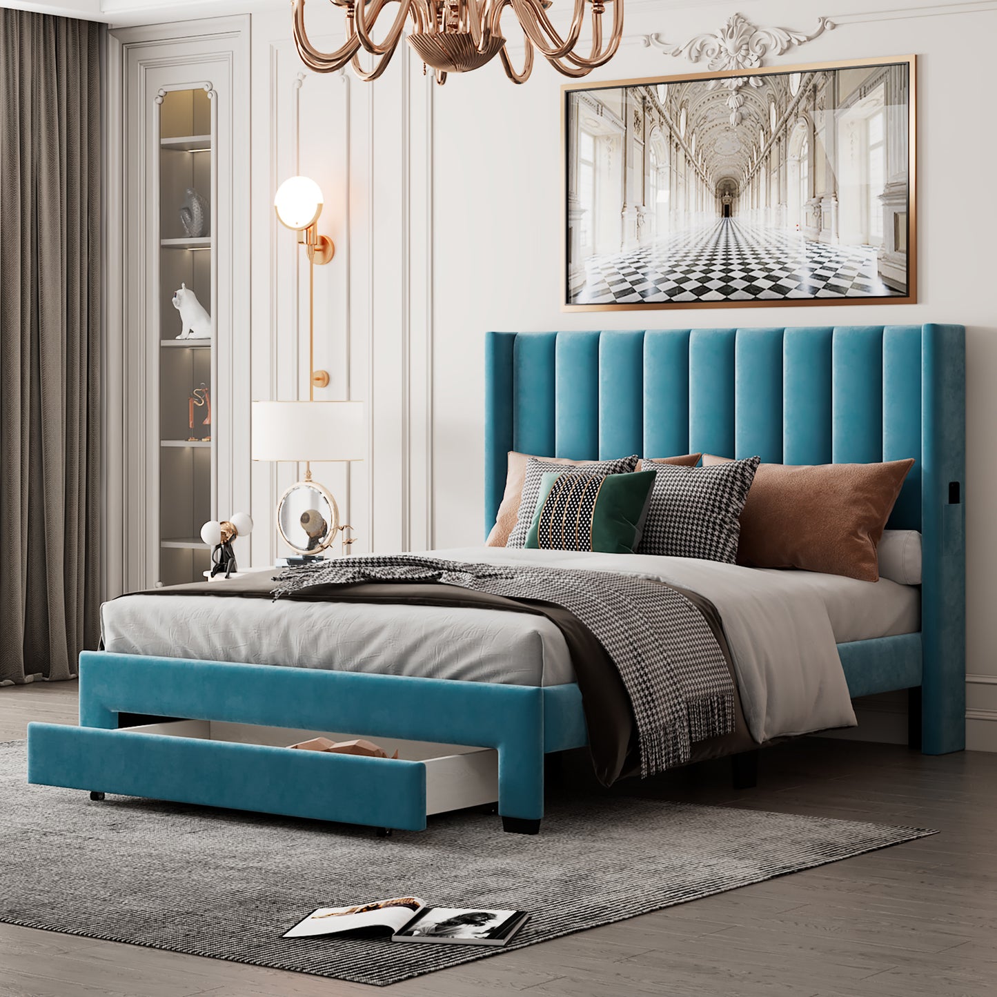 velvet upholstered platform bed with a big drawer - blue