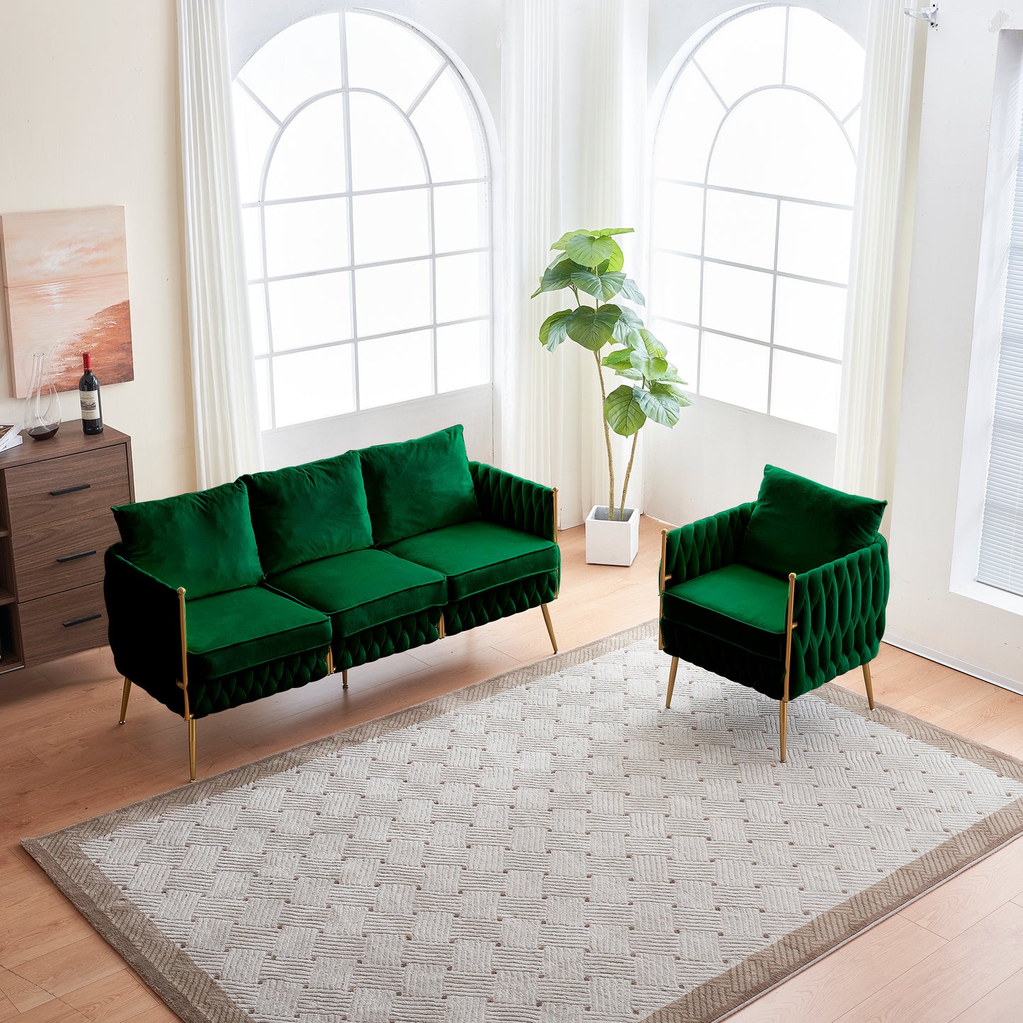 fiona fluffy tufted upholstered sofa set, green velvet