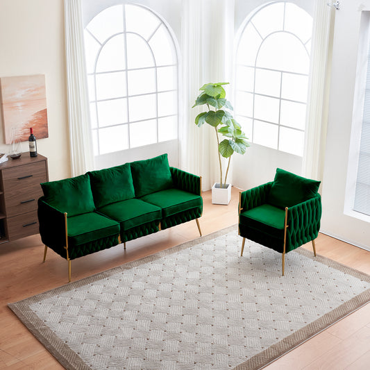 Fiona Fluffy Tufted Upholstered Sofa Set, Green Velvet
