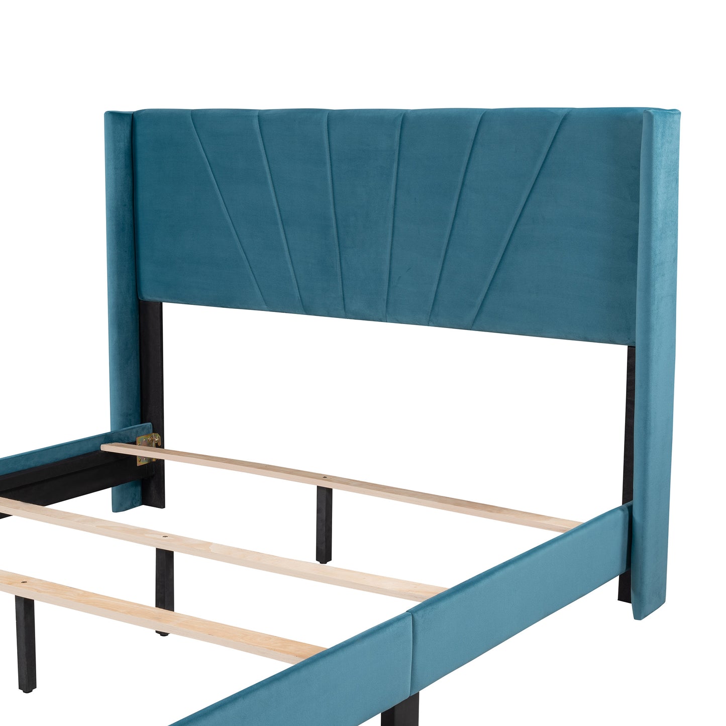 queen size velvet upholstered platform bed, blue
