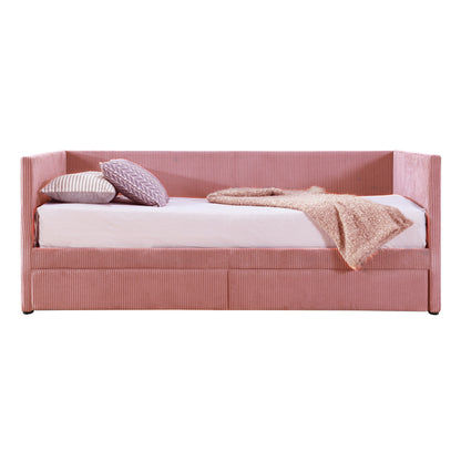 Corduroy Bed with Two Drawers and Wood Slat, Pink