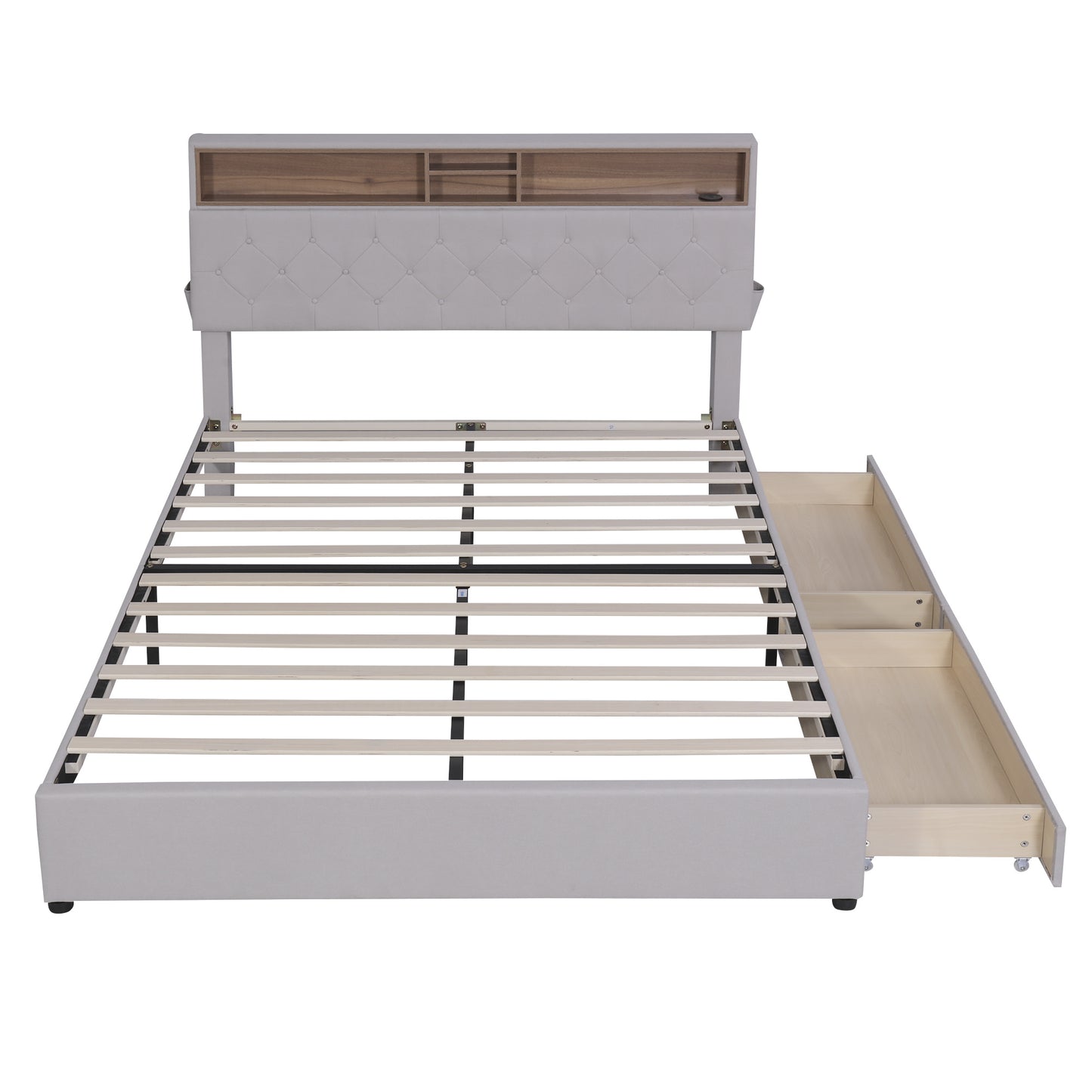 upholstered platform bed with storage headboard, led, usb charging and 2 drawers