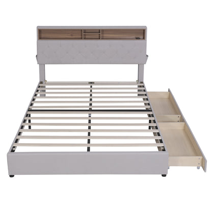 Upholstered Platform Bed with Storage Headboard, LED, USB Charging and 2 Drawers