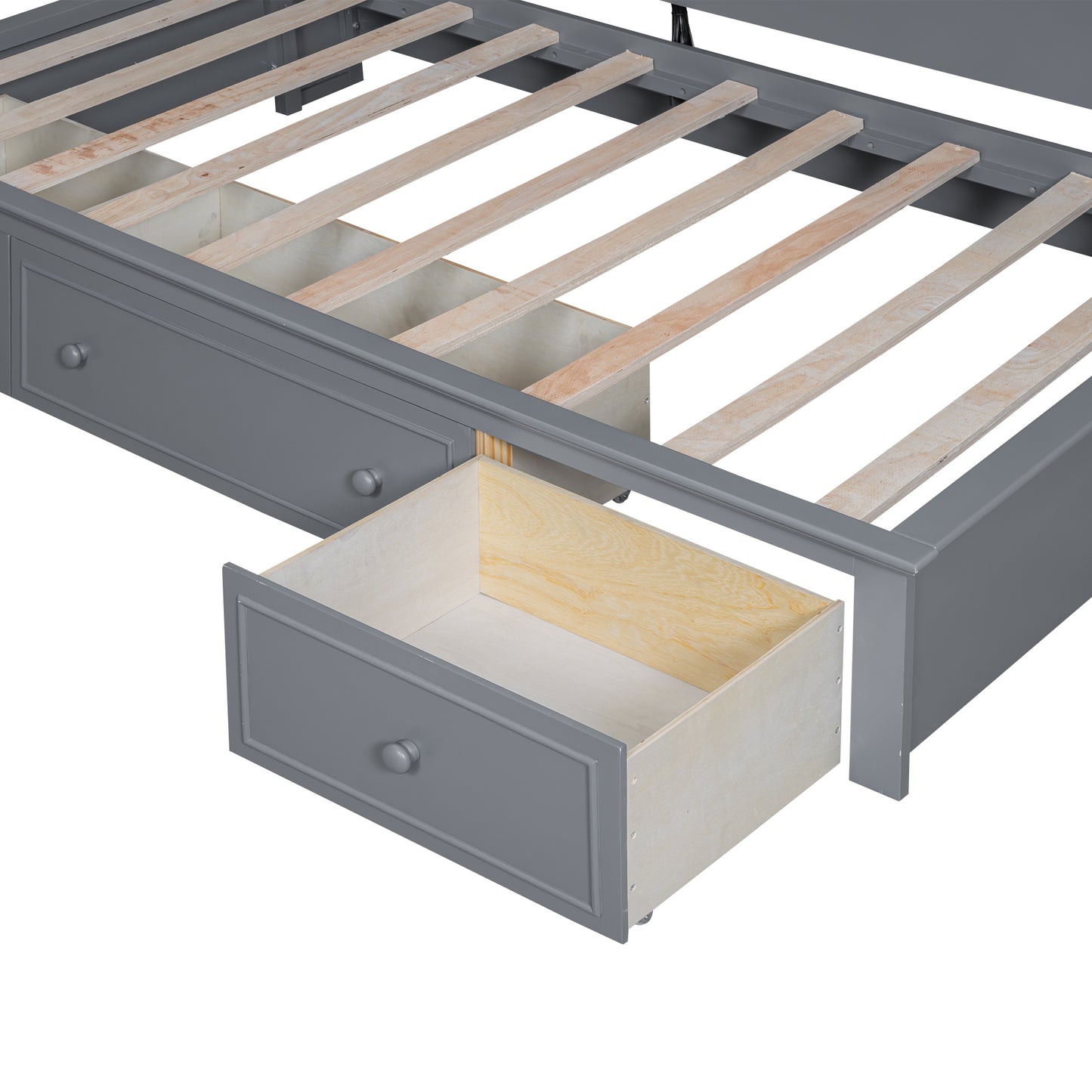 wood bed with multi-storage shelves, charging station and 3 drawers, gray