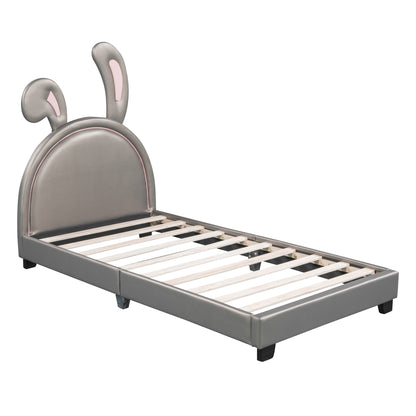 Upholstered Leather Platform Bed with Rabbit Ornament, Gray