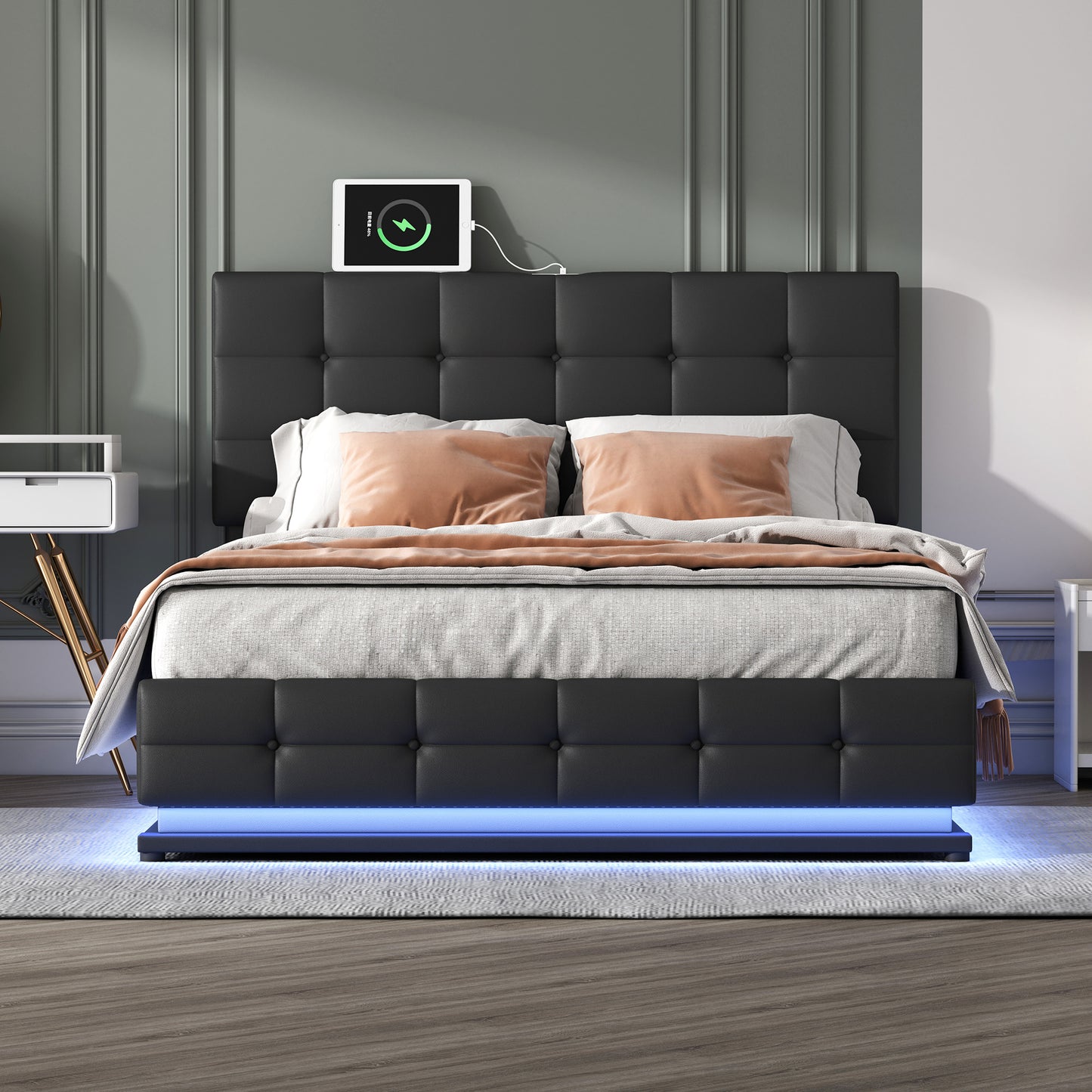 tufted upholstered platform bed with hydraulic storage system, led lights, and usb charger, black