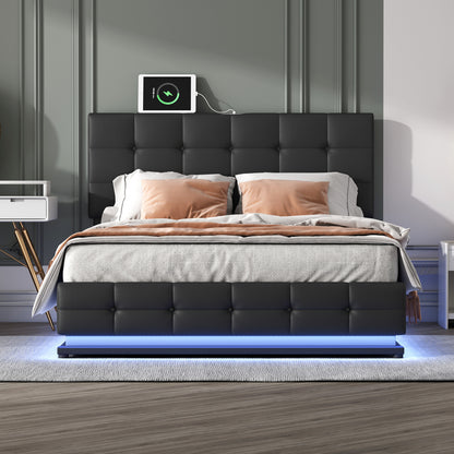 Tufted Upholstered Platform Bed with Hydraulic Storage System, LED Lights, and USB charger, Black