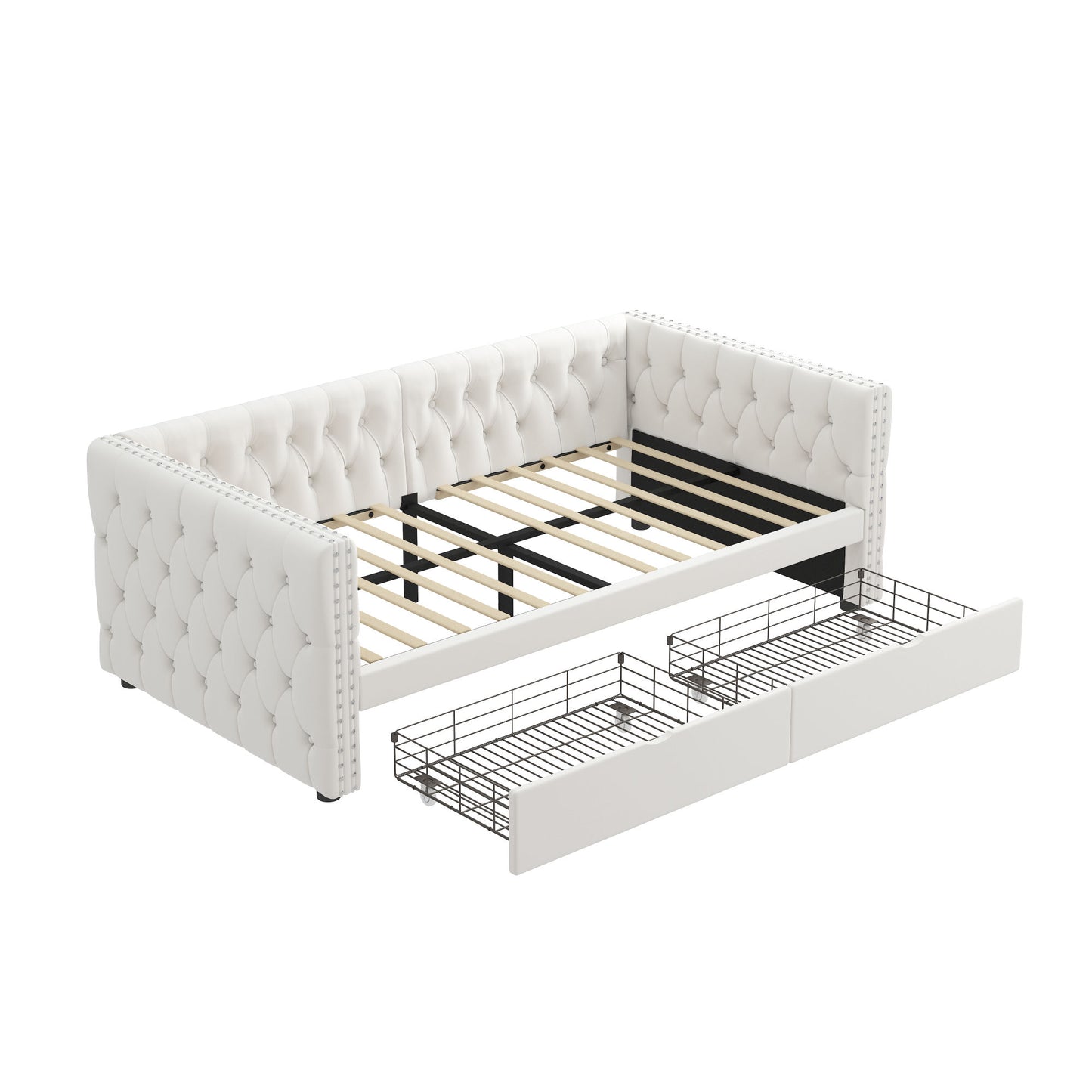 velvet upholstered tufted bed with drawers, white