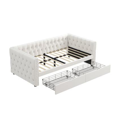 Velvet Upholstered Tufted Bed with Drawers, White