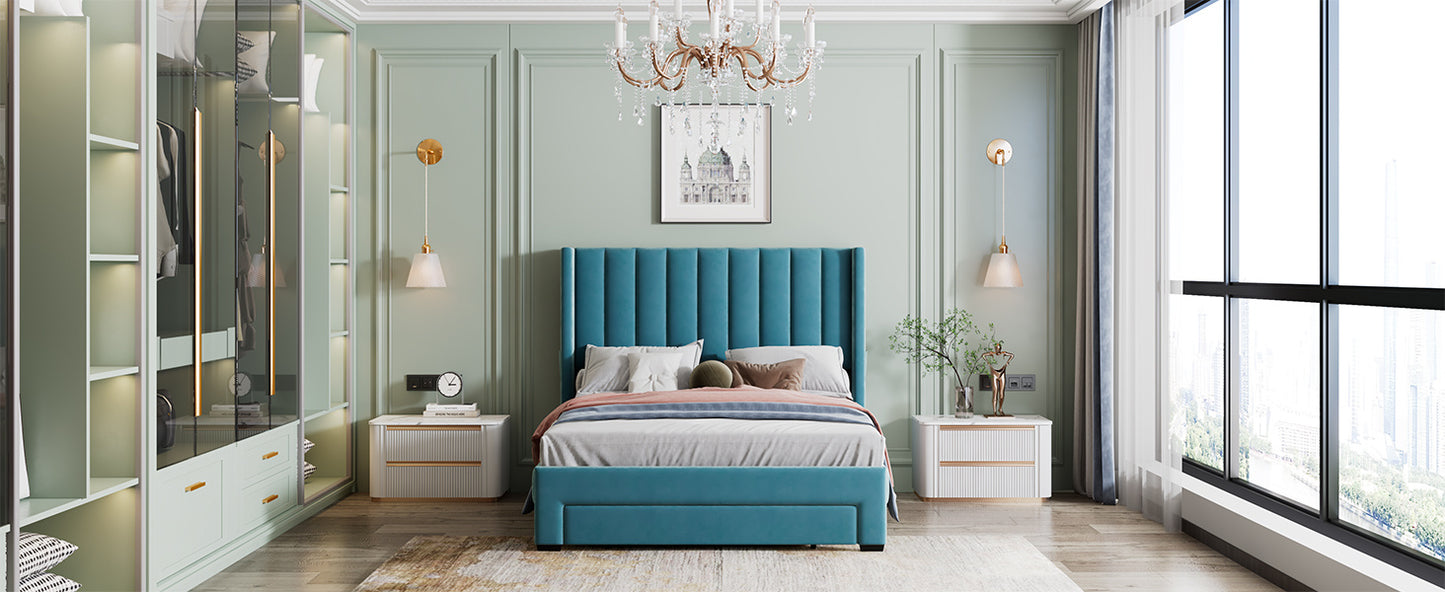 danny velvet upholstered platform bed with a big drawer - blue