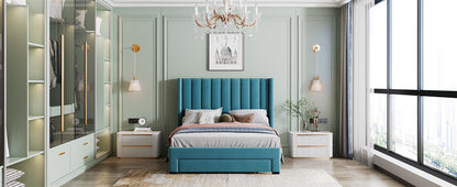 Danny Velvet Upholstered Platform Bed with a Big Drawer - Blue