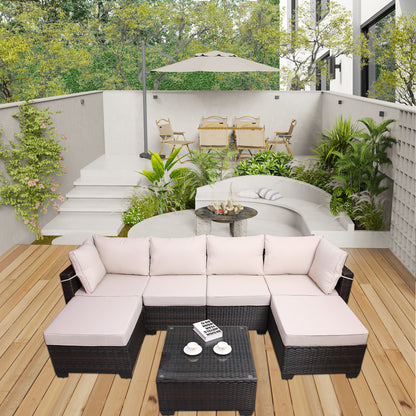 7 Pieces Outdoor Patio Sectional Sofa Couch Set with Washable Cushions & Glass Coffee Table
