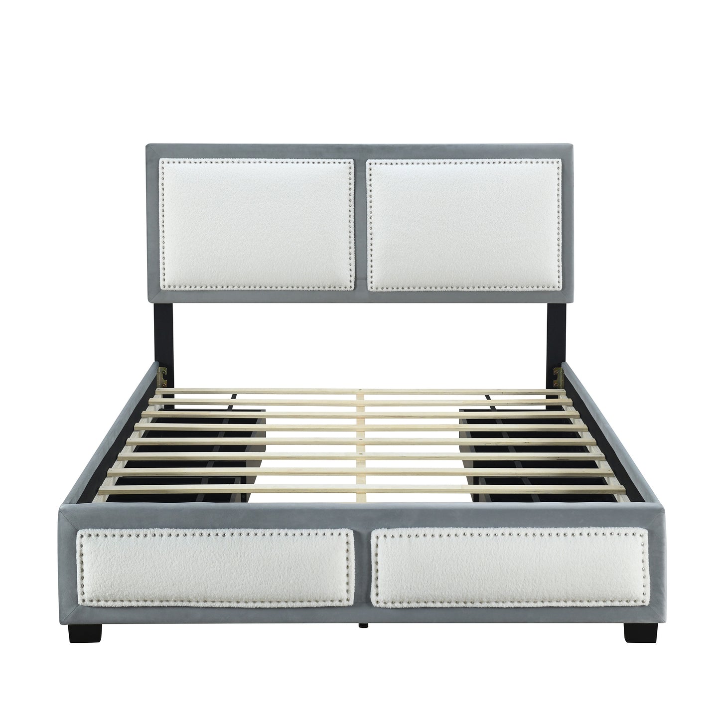 teddy upholstered platform bed with large rivet-decorated backrests and 4 drawers, velvet gray+white