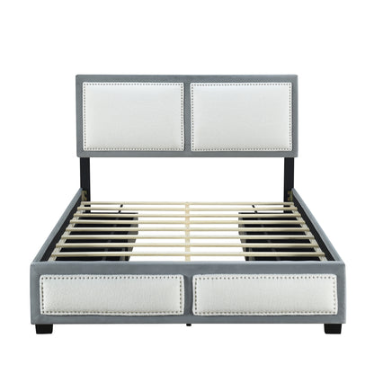 Teddy Upholstered Platform Bed with Large Rivet-decorated Backrests and 4 Drawers, Velvet Gray+White