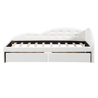 Upholstered Tufted Bed with Two Drawers and Cloud Shaped Guardrail, White