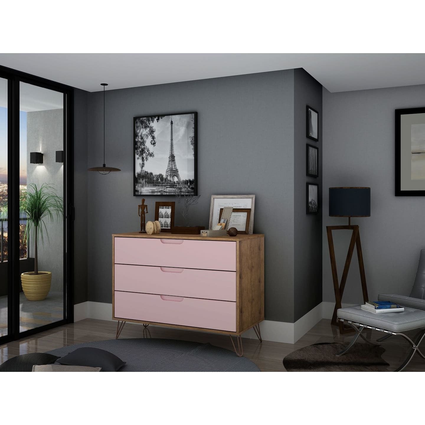 manhattan comfort rockefeller mid-century- modern dresser with 3-drawers in nature and rose pink