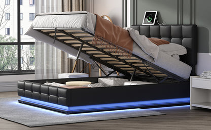 Tufted Upholstered Platform Bed with Hydraulic Storage System, LED Lights, and USB charger, Black