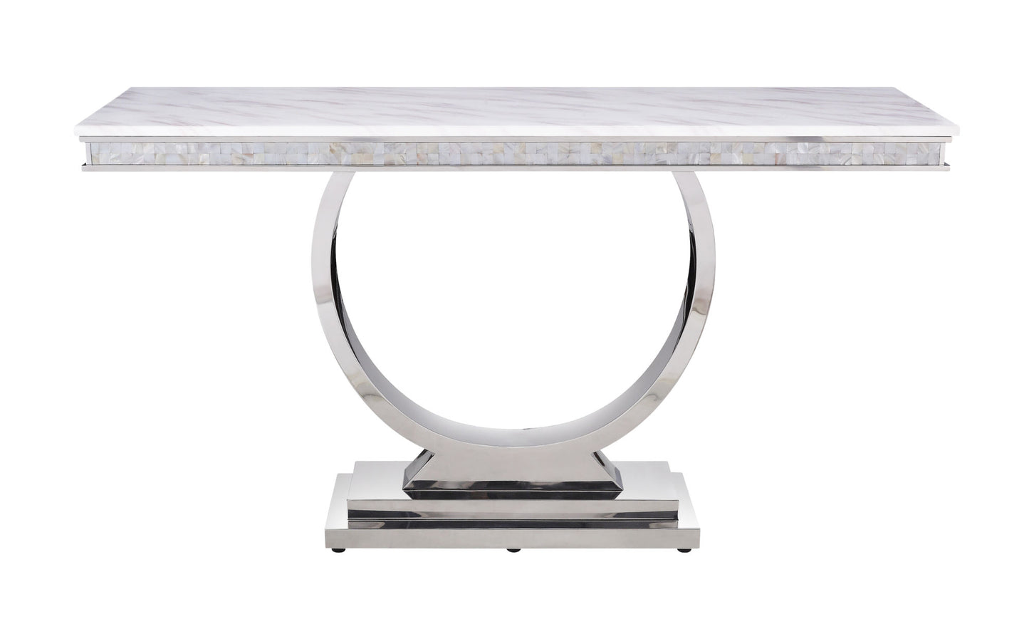 acme zander sofa table, white printed faux marble & mirrored silver finish