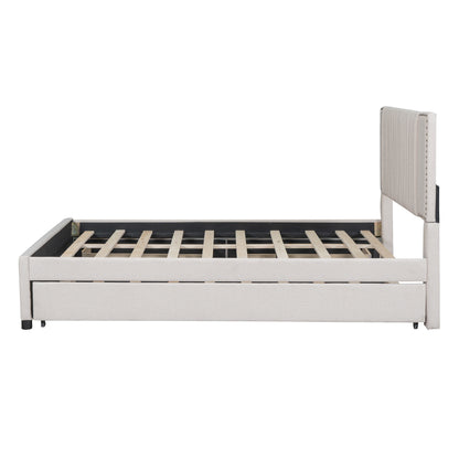 Queen Size Upholstered Platform Bed with 2 Drawers and 1 Twin XL Trundle, Beige