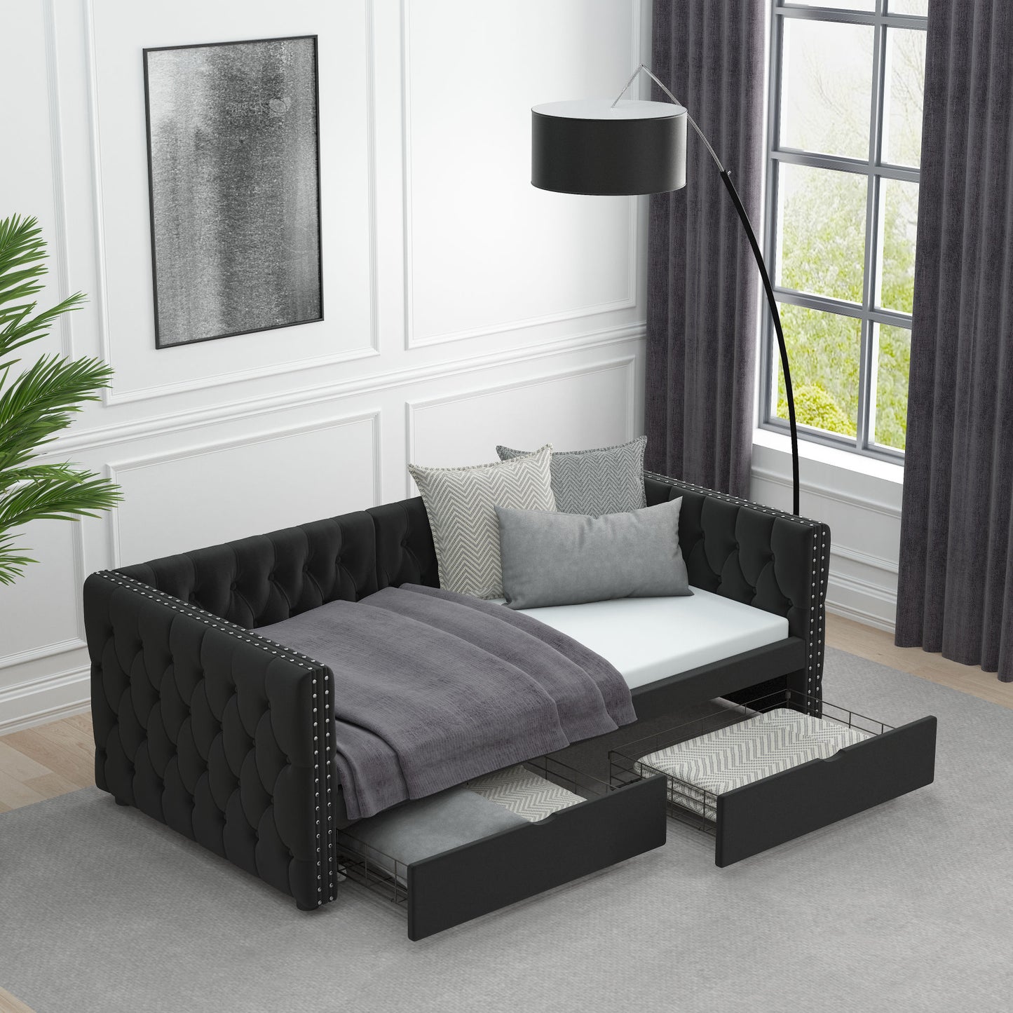 velvet upholstered tufted bed with drawers, black