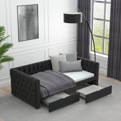 Velvet Upholstered Tufted Bed with Drawers, Black